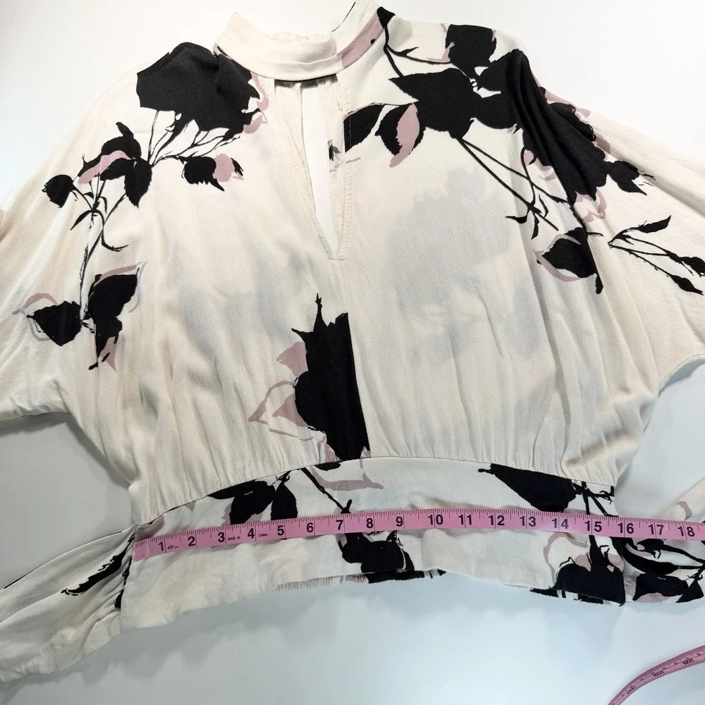Free People Long Sleeve Ivory Black Floral Print Top Cutouts Tie Waist L‎